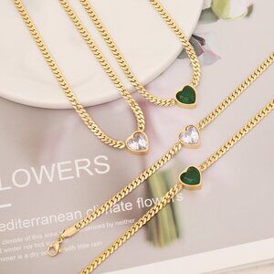 Elegant Gold Necklace & Bracelet Set with Crystal Heart Accent (Stainless Steel)